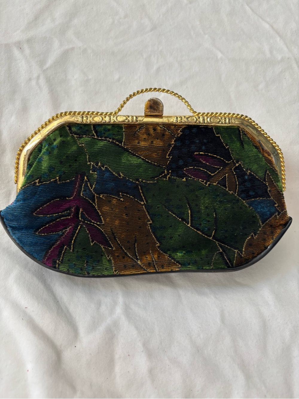 Vintage Leaf-Print Velvet Clutch Handbag in Green and Blue
